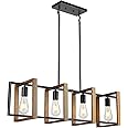 HvKvHvY 4 Light Black Light Kitchen Island Lighting, Wood and Metal Pool Table Lights Chandeliers Ceiling Light, Height Adjustable Bedroom Lights Ceiling, Industrial Pendant Light Fitting