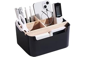 Seasboes Organizer da scrivania a 5 scomparti, in legno, in bambù, per scrivania, per cancelleria, multifunzionale, accessori da scrivania (nero)