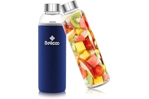 BELICOO BPA-Free Glass Water Bottle 550ml/18oz Borosilicate Leak Proof Portable for School Office Home Travel Sport with Neoprene Carrying Sleeve and Nylon Bottle Brush (Sapphire)