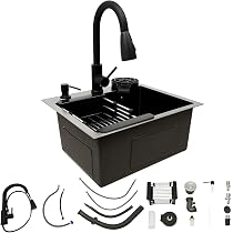 Edelstahl Spüle 45x40x20 Cm Schwarz – Einbau-Spülbecken Mit Wasserhahn, Abtropfkorb & Seifenspender