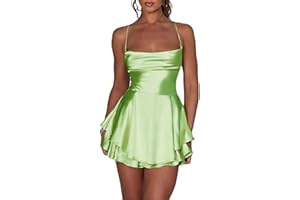 LouVasabuce Satin-Kleid für Frauen, sexy, rückenfreies, kurzes Kleid mit Rundhalsausschnitt, zum Binden am Hals, Schichtenkleid mit Spaghetti-Träger, Jumpsuit, Minikleid