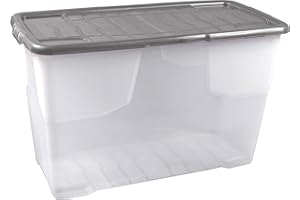 Strata 3 x 100 Litres Curve Plastic Stackable Storage Box & Lid with clip-on lids, 3 Pack, Multi storage box for home and office storage solution Clear Box, Grey Lid, (51cm H x 40cm W x 80cm D)
