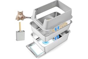 Bartuke Bac à litière pour Chats en Acier Inoxydable pour Chat, bac à litière avec tiroir et bac de tamisage, Pelle pour Gros Chats, Nettoyage Facile