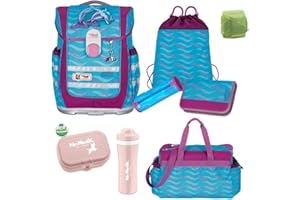 McNeill Schulranzen Mädchen 1. Klasse 9-TLG. Set Ergo Complete Finny Delfin-e mit Sporttasche und Regenschutz