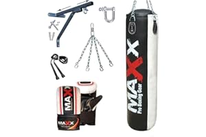 MAXX PRO BOXING GEAR 5pcs Punch bag set 5ft Blk/White Rex Leather boxing punchbag wall Bracket & Gloves