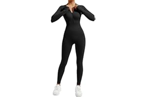 DOULAFASS Reißverschluss Full Body Jumpsuit Damen Langarm Yoga Einteiler Sport Romper Gerippte All In One Bodycon Jumpsuit