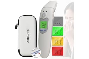 ABBI ESSENTIELS Termometro febbre frontale e auricolare ABBICARE™ con custodia | Modalità speciale bebé precisa e rapida in 1 secondo senza contatto | Termometri medici professionali infrarossi adulti