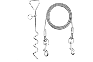 NRAMWELL 10ft Dog Tie Out Cable with 15" Spiral Ground Stake Spike for Small to Medium Dogs Up to 60 lbs for Playing Camping Outdoor Yard and Backyard in Ground (White)