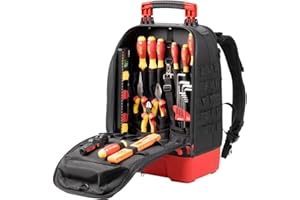 Wiha 45528 - Mochila de herramientas para electricista (27 piezas, con equipamiento básico para electricista, base estable, con compartimento para portátil, bolsillos para accesorios)