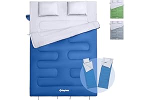 KingCamp Double Sac de Couchage avec 2 Oreillers, Sac de Couchage Rectangulaire Camping pour 2 Personnes Détachable Confortable pour Tentes Camion Randonnée Extérieur Intérieur, 220 * 150cm
