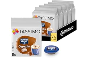 Tassimo, 40 Dosettes, Cappuccino goût Choco Maxwell House , Compatibles avec les machines TASSIMO, 40 Cappuccino goût choco, Généreux et Gourmand, 5 packs de 8 dosettes
