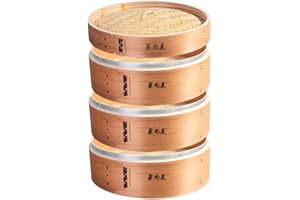 Hcooker Deepen 3 Tier Kitchen Wood Steamer with Stainless Steel Banding for Asian Cooking Buns Dumplings Vegetables Fish Rice