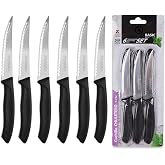 KROWN - Set of 6 knives, pack of 6 steak knives for daily use. Set of 6 meat knives. Black handle resistant and durable. Knif