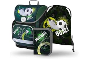 Baagl Schulranzen Jungen Set 3 Teilig, Ergo Schultasche ab 1. Klasse, Ergonomische Grundschule Ranzen mit Brustgurt (Fussball)