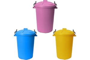 M1SS (Set of 3-50 Litre Pink, Sky Blue and Yellow Heavy Duty Plastic Clip Lock Lid Bin Indoor or Outdoor Rubbish, Trash Can, Dustbin Waste or Storage of Animal Feed