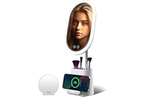CHENFEC Espejo De Maquillaje con Luz,Pantalla táctil 3 color espejo de maquillaje LED,con Lupa Extraíble De 10 Veces,con Carga Inalámbrica y Almacenamiento De Maquillaje,para Niña Damas Dormitorio Regalos