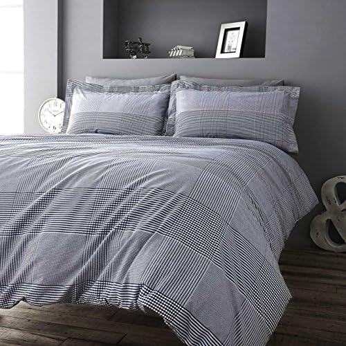 100% Percale Cotton Chelford Black and White Striped / Checked Super King Size Duvet Cover Bed Set - 180 Thread Count