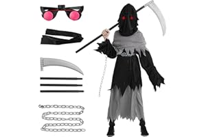 HELIMWINT Costume da Grim Reaper: Costumi Costume da Tristo Mietitore di Halloween per Bambini di Carnevale per Ragazzi di Morte Set con Guanti Falci Catena Occhiali Luminosi
