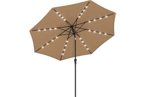 SONGMICS 3 m Garden Parasol Umbrella with Solar-Powered LED Lights, Sunshade with UPF 50 Plus Protection, Tilting, Crank Handle for Opening Closing, Base Not Included, Taupe GPU33BR