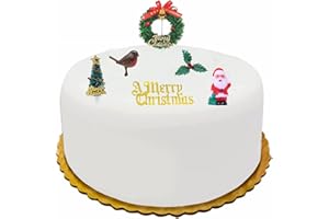 3HA HAHAHA Christmas Cake Decorations Cake Toppers (6 Piece) Uk Edible Cupcake Decorations Kit Holly Tree Christmas Sign Christmas Santa Christmas Tree Holly Leaf Robbin Merry Christmas Tree