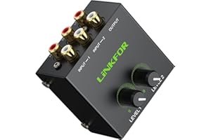 LiNKFOR Audio Mixer Stereo Passiver Mischpult 2 Kanal Stereo Audiomischer mit 2 Eingänge, 1 Cinch Ausgang Mini-Stereomischer mit Lautstärkereglern Audiomixer Vergoldeten DJ Mischer für PC, CD, TV
