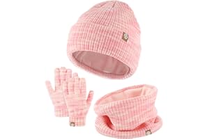 QKURT Kids Beanie Hat Scarf Glove Set, Children Winter Thermal Cap Neck Warmer Touch Screen Gloves Soft Warm Hat Scarf Mitten Colorful for 5-10 Years Old