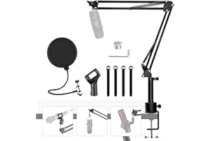 TaoAcc Braccio per microfono universale, supporto per microfono, in metallo, supporto per microfono, con morsetto per microfono, fascetta per cavi, adattatore da 3/8" a 5/8", protezione pop, asta di