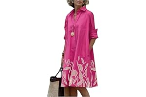 FRESQA Vestido Camisero Liso para Mujer, Moda de Verano, Informal, con Cuello Vuelto y Bolsillo, Vestidos por Debajo de la Rodilla de Manga Larga, Vestidos Sexis de Lunares para Mujer