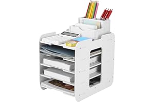 Muxiao Schreibtisch-Organizer,Dokumentenablage A4 Briefablage 5 Ablagefächer,Briefablage,Dokumentenhalter,Büro-Aktenablage,Ablage Schreibtisch für Schule,Zuhause und Büro,weiß