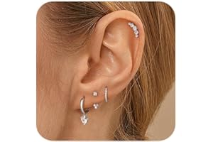 Morfetto Set di 4 Paia di Orecchini Anallergici Placcati in Oro 14K per Donne - Orecchini a Bottone, Huggie, Piccoli Cerchi Pendenti, per Piercing Multipli e Cartilagine