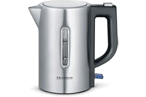 ‎SEVERIN Severin WK 3647 turystyczny bezprzewodowy czajnik elektryczny, idealny w podróży, moc 1100 W, szczotkowana stal nierdzewna/czarny, w zestawie kubeczki i łyżeczki
