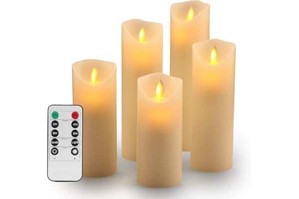 Bougies LED,Bougies Sans Flamme.Lot de 5 (10,12,15,17,19 cm,Ivoire),En Véritable Cire. Avec Vacillement des Flammes Très Réaliste, Télécommande Avec 10 Menus De Fonction, Minuterie de 24 Heures