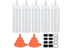Zhujiehigh 5 Pcs Squeeze Condiment Bottles, Plastic Sauce Seasoning Bottles Dispensers, 8 oz Squeezy Squirt Bottles for Ketchup Mustard Hot Sauces Oil with Funnel, Sticker Lable - White
