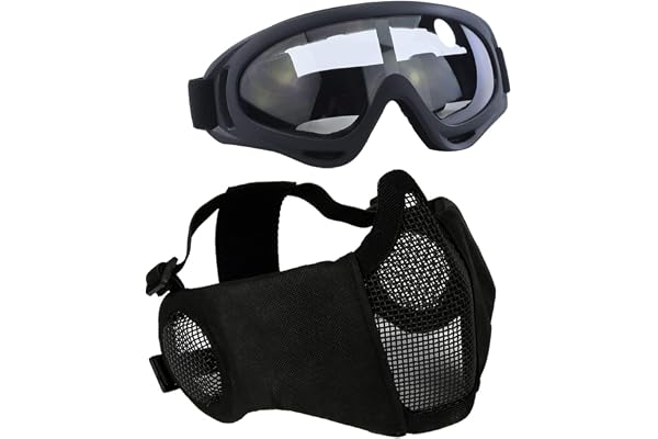 Aoutacc Kit de protection Airsoft avec demi-masque en maille avec protection des oreilles et lunettes - Pour CS/Chasse/Paintball/Tir
