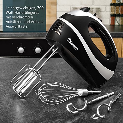 Savisto 300W Elektrisches Handmixer mit Quirl, Knethaken und Schneebesen Aufsatz – 5 Geschwindigkeitsstufen und Turbotaste Handrührgerät – Schwarz / Grau - 2