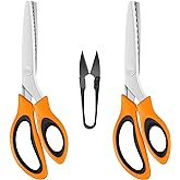 KUONIIY Serrated Scissors (2 Pieces, Serrated and Wavy Edges) with Thread Scissors, Zigzag Scissors with Comfortable Handle,