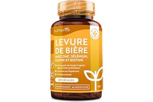 Levure de Bière avec Zinc, Selenium, Cuivre et Biotine - Levure Active - Levure de Biere Cheveux, Peau et Ongles - Maintien d'un Système Immunitaire Normal - 180 Gélules Végétales - Nutravita