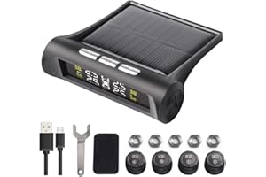 BUMLON TPMS Tyre Pressure Monitoring System,Tire Pressure Checker Solar & USB Rechargeable with 4 External Cap Sensors, 6 Alarm Modes, LCD Display,Real Time Pressure & Temperature Alerts Ensure Safe Driving