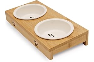 Pfotenolymp | Gamelles Chats Surélevées - Support Gamelle Chat Premium Surélevées en Bambou/Bois avec 2 Gamelles pour Chats - Gamelle Chien Et Chat - 2 Bols pour l'eau Et La Nourriture.