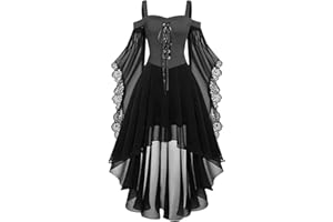 HAOLEI Medieval Costume Women, Halloween Dresses Vintage Lace Renaissance Victorian Dress Cold Shoulder Butterfly Sleeve Retro Steampunk Rockabilly Goth 80s Dress Ladies