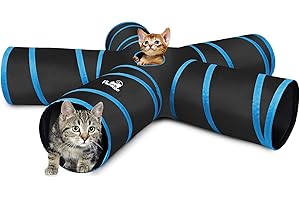Pawaboo Túnel para Gatos, 25 * 53cm 5 Vías Tubo Plegable Juquete para Mascotas Casa del Laberinto con Pompón y Campanas para Cachorros Conejos Conejillos, Negro y Azul