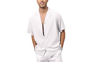 Fastkoala Hommes Lin Chemises Coton T-Shirt Manches Courtes Été Plage Vacances Décontracté Hauts