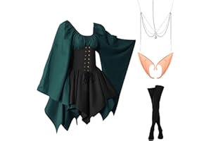 Ulikey Vestido Tradicional Irlandés Medieval Gótico para Mujer, Disfraz de Carnaval con Orejas de Elfo, Adorno de Pelo, Calcetines Overknee