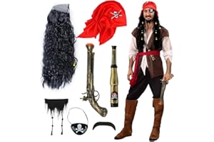 JORAKI Zestaw kostiumów pirackich dla dorosłych mężczyzn – akcesoria obejmują perukę z brodą wąsami, czapkę, naszywkę na oko, teleskop, pistolet - przebranie na Halloween karnawał do odgrywania ról