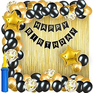 Partytimez Happy Birthday Decoration Combo Of 61 items / Birthday Party Decoration Black and Golden theme.