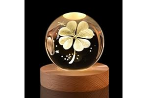 hurifeng Kristallkugel Nachtlicht 60mm - LED Glas Kugel mit Holzsockel, USB Deko Lampe, 3D Gravur Lebensbaum oder Glücksklee, für Wohnzimmer Schlafzimmer Büro Geschenkidee (Glücksklee)