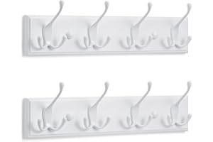 LARHN Appendiabiti da Parete Bianco (2 u.) - 4 Ganci Tripli - 42 cm - Attaccapanni da Muro Moderno in Legno per Ingresso, Cameretta e Bagno