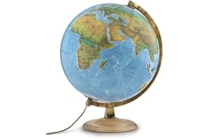 Tecnodidattica Atmosphere B4 - Mappamondo con doppia cartografia Fisico/Politica, Base in Legno di Faggio e meridiano in metallo, lingua italiana, Diametro 30 cm