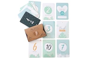 Manahia Cartes étapes - Bleu | Lot de 16 Cartes - de la Naissance à 1 an | Cartes Semaine, Mois et 1ère année | Boite Cadeau Offerte | Cadeau de Naissance, Cartes étapes garçon, Souvenir bébé