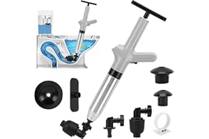 MEKOTRIN Toilet Unblocker Heavy Duty, Toilet Plunger for Unblocking, Gray Sink Plunger with 4 Replaceable Heads, Inflatable Footbed & Holder Sticker for Kitchen Bathroom Floor Drain Pipe Clog Drain